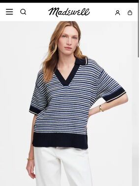 Madewell Navy, White & Light Blue Striped V-Neck Sweater